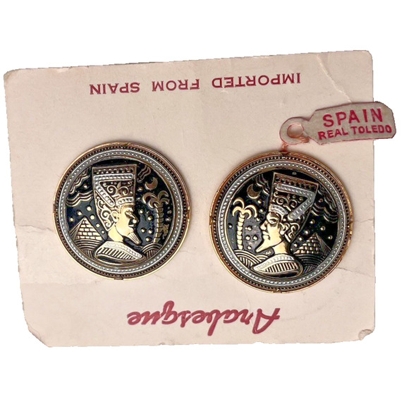 Vintage Round Damascene Clip On Earrings Spain Toledo Egyptian Pharaoh Pyramid - Picture 3 of 9